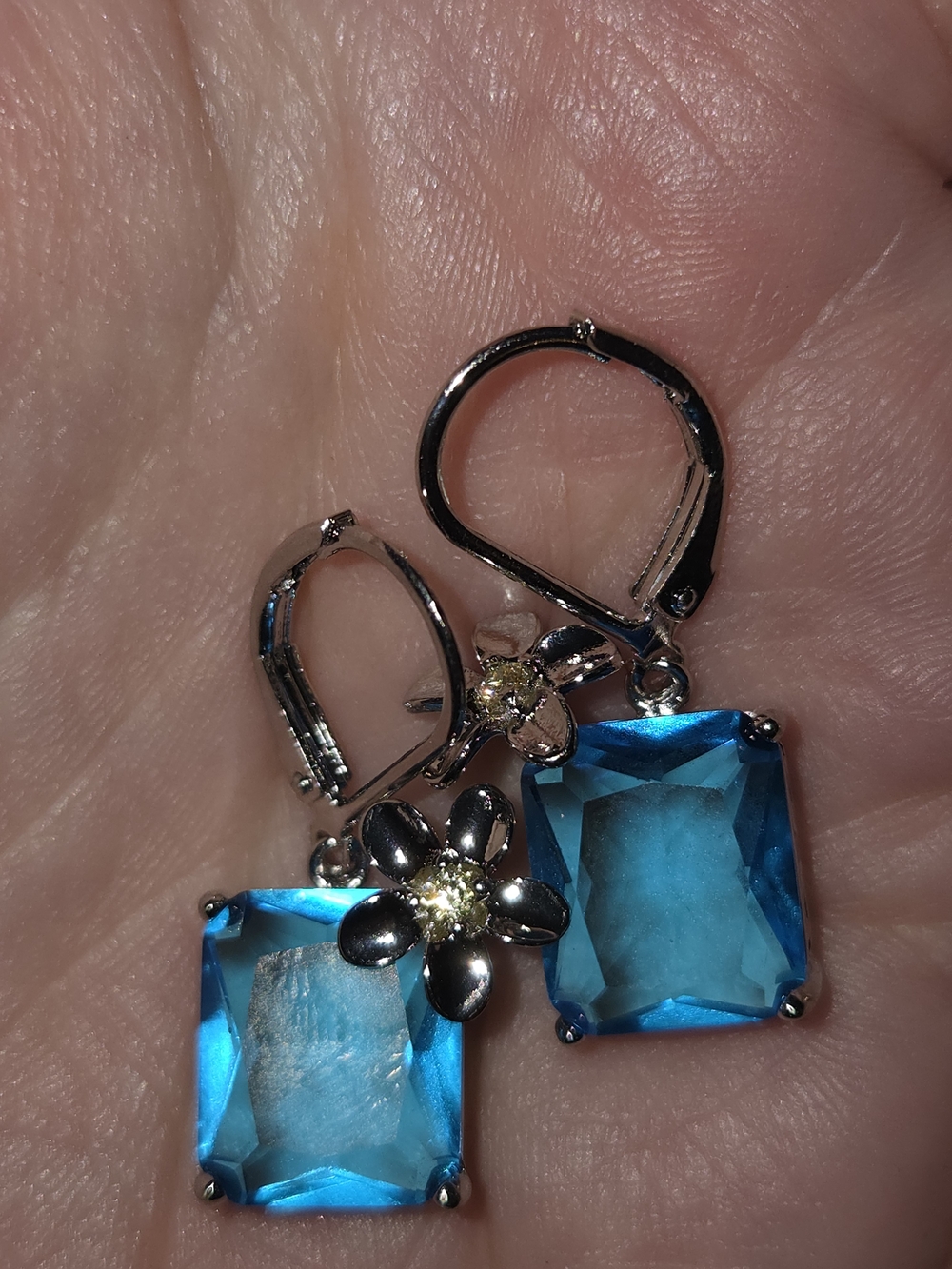Silver Floral Blue Crystal Drop Earrings - Women Jewelry